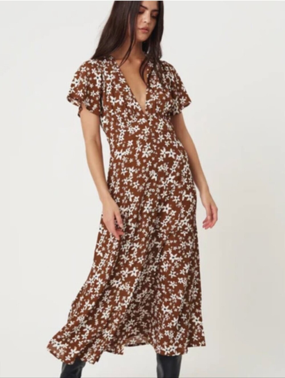 Rue Stiic Brown Floral Midi Dress with White Floral Print and V-Neckrue